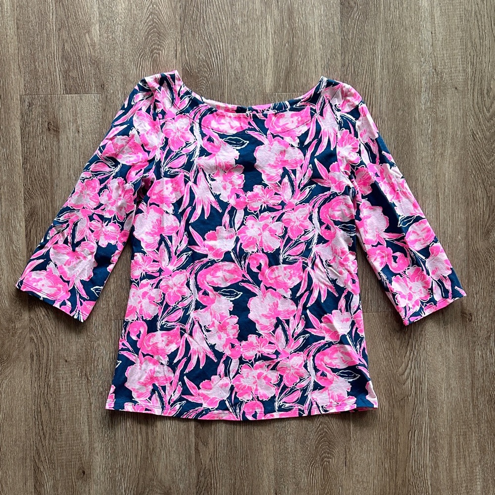 Lilly Pulitzer Waverly Top Inky Navy Flamingle Small Boatneck 3/4 Sleeves